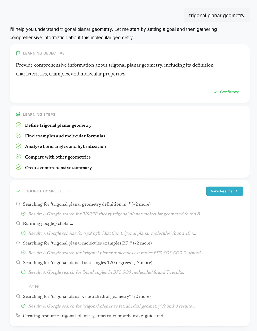 Prismer AI researching trigonal planar geometry - showing learning objectives, steps, and search results
