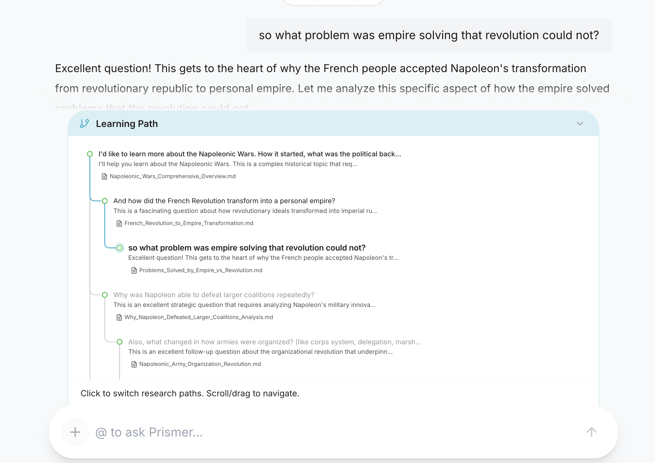 Prismer Learning Path showing branching research on the Napoleonic Wars